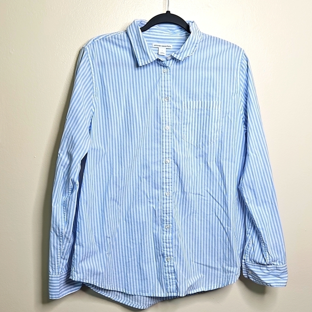 Amazon Essentials Blue White Stripe Button Down Shirt Large